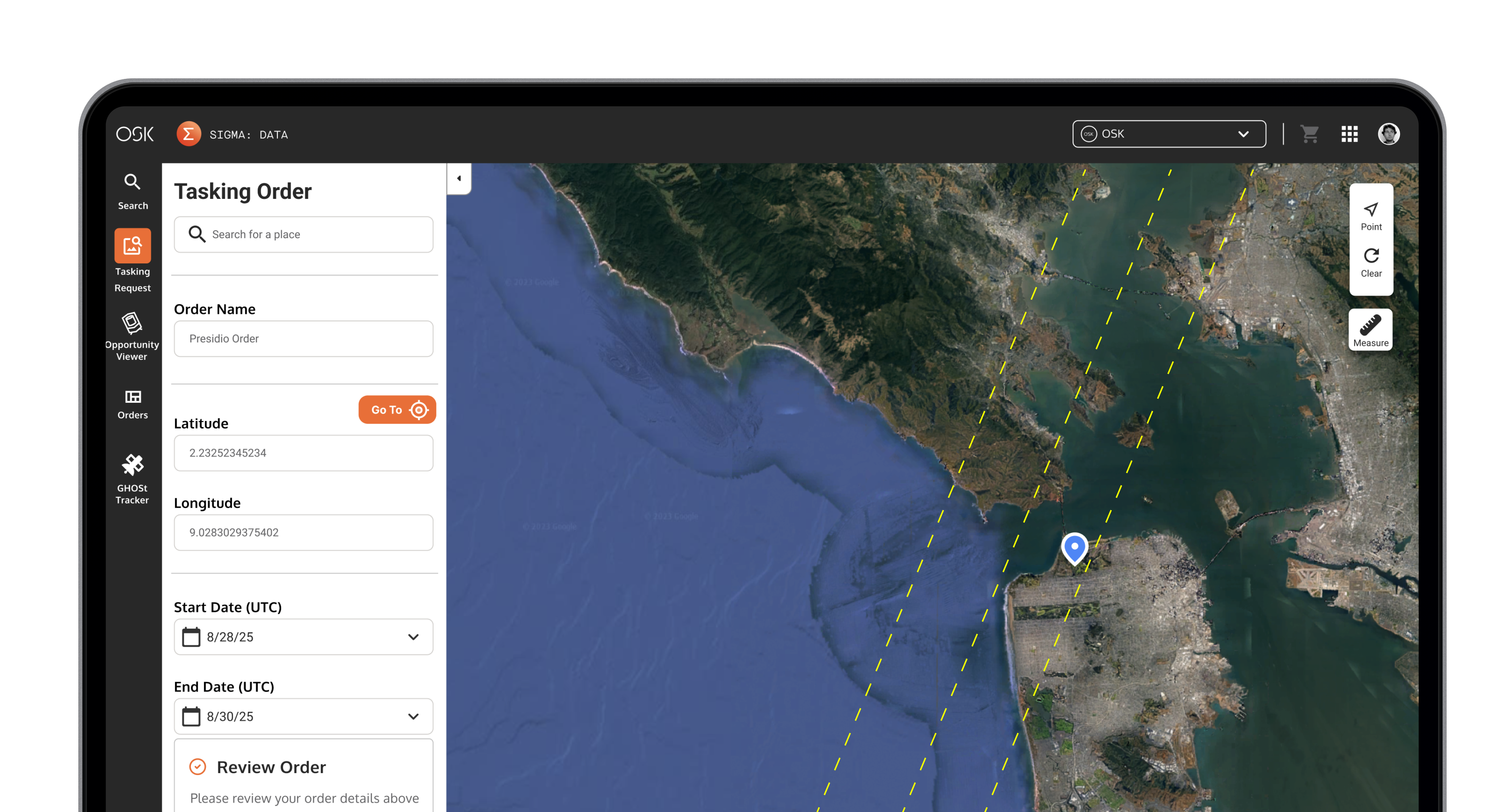 SIGMA tasking order interface with map