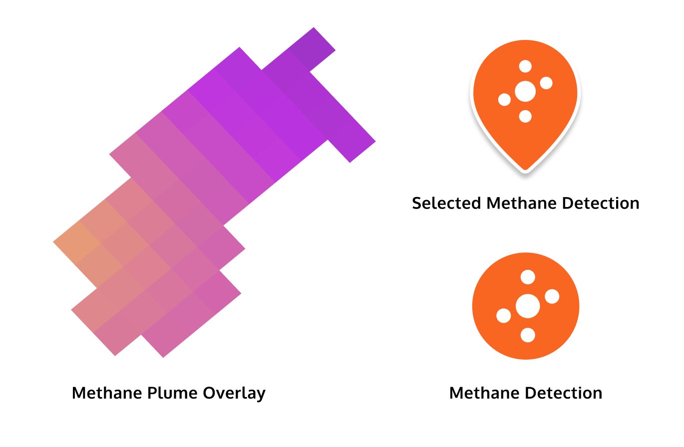 Methane plume overlay and detection marker icons