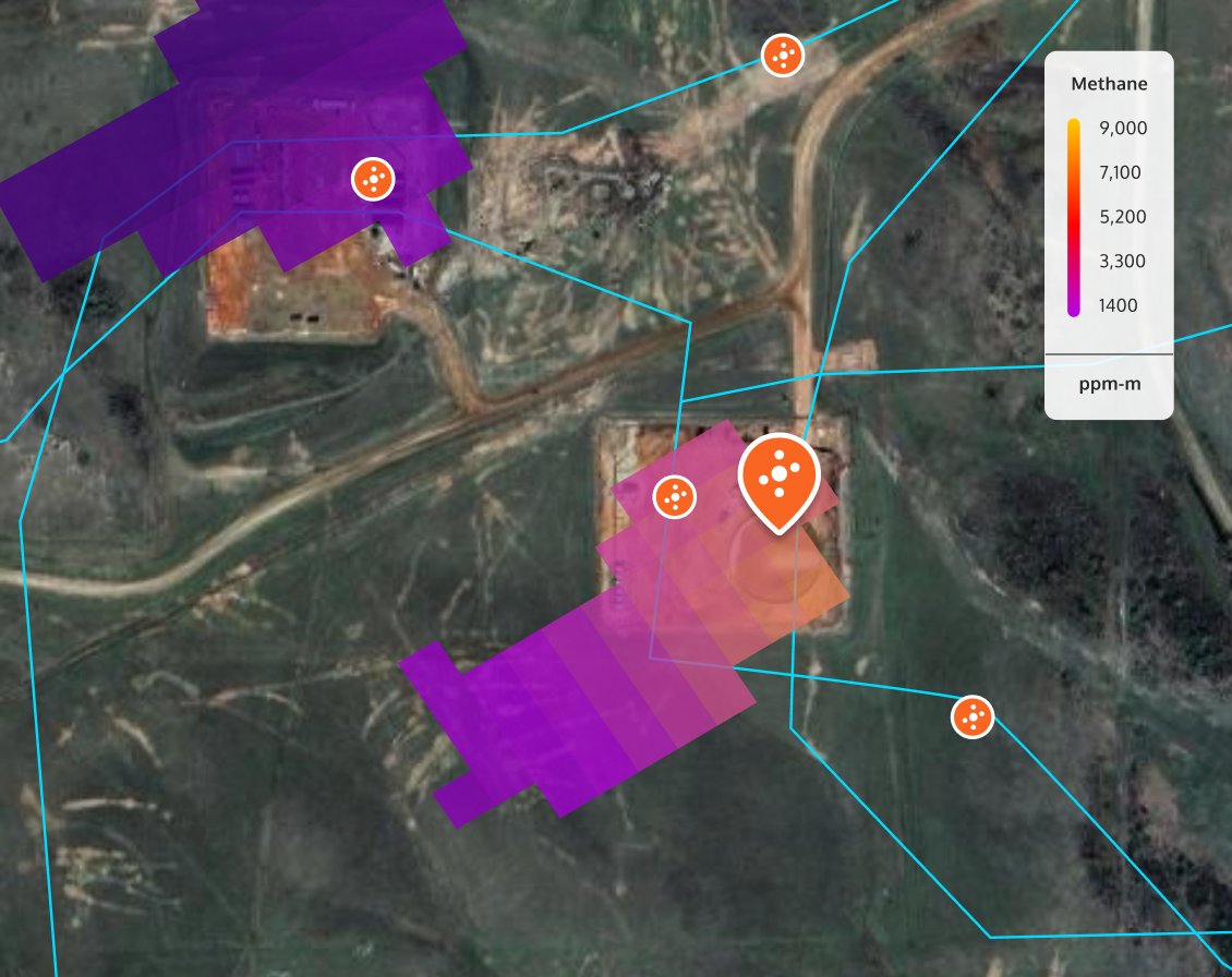SIGMA Monitor platform showing methane plume overlay, ROW shapefile, and detection markers