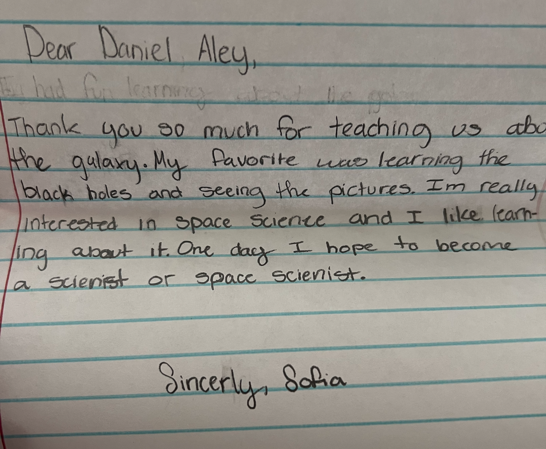 Handwritten thank-you letter from Sofia, a student, after a classroom reading